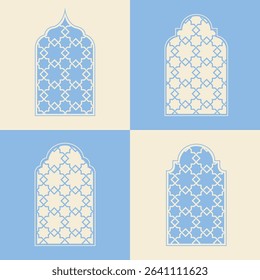 Elegant Islamic window arch vector, highlighting diverse arabesque geometric shapes and intricate patterns