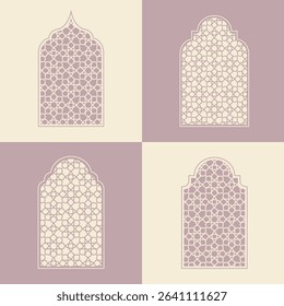Elegant Islamic window arch vector, highlighting diverse arabesque geometric shapes and intricate patterns