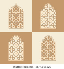 Elegant Islamic window arch vector, highlighting diverse arabesque geometric shapes and intricate patterns