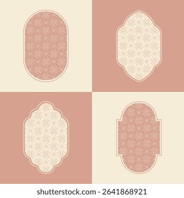 Elegant Islamic window arch vector, highlighting diverse arabesque geometric shapes and intricate patterns