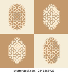 Elegant Islamic window arch vector, highlighting diverse arabesque geometric shapes and intricate patterns
