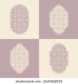 Elegant Islamic window arch vector, highlighting diverse arabesque geometric shapes and intricate patterns