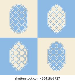 Elegant Islamic window arch vector, highlighting diverse arabesque geometric shapes and intricate patterns