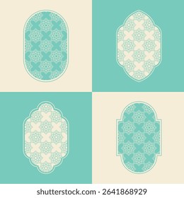 Elegant Islamic window arch vector, highlighting diverse arabesque geometric shapes and intricate patterns