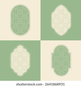 Elegant Islamic window arch vector, highlighting diverse arabesque geometric shapes and intricate patterns