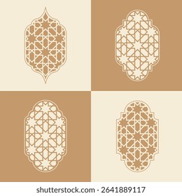 Elegant Islamic window arch vector, highlighting diverse arabesque geometric shapes and intricate patterns