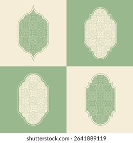 Elegant Islamic window arch vector, highlighting diverse arabesque geometric shapes and intricate patterns