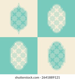 Elegant Islamic window arch vector, highlighting diverse arabesque geometric shapes and intricate patterns
