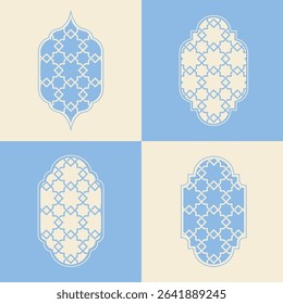 Elegant Islamic window arch vector, highlighting diverse arabesque geometric shapes and intricate patterns
