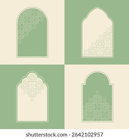 Elegant Islamic window arch vector, highlighting diverse arabesque geometric shapes and intricate patterns