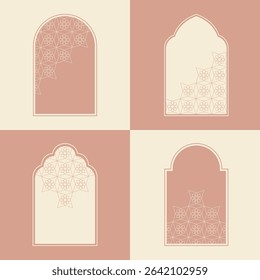 Elegant Islamic window arch vector, highlighting diverse arabesque geometric shapes and intricate patterns