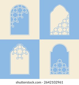 Elegant Islamic window arch vector, highlighting diverse arabesque geometric shapes and intricate patterns