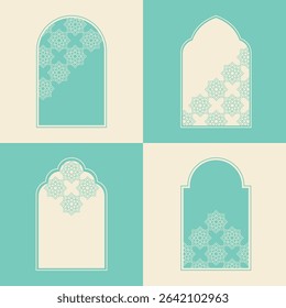 Elegant Islamic window arch vector, highlighting diverse arabesque geometric shapes and intricate patterns