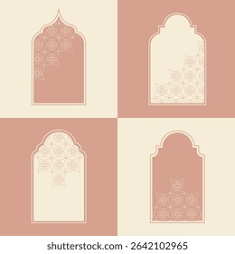 Elegant Islamic window arch vector, highlighting diverse arabesque geometric shapes and intricate patterns