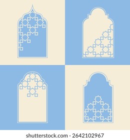 Elegant Islamic window arch vector, highlighting diverse arabesque geometric shapes and intricate patterns