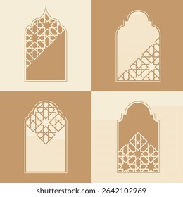 Elegant Islamic window arch vector, highlighting diverse arabesque geometric shapes and intricate patterns