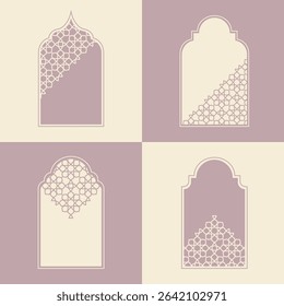 Elegant Islamic window arch vector, highlighting diverse arabesque geometric shapes and intricate patterns