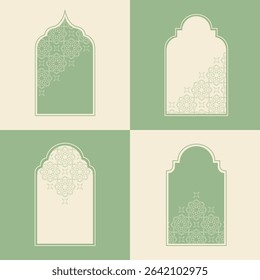 Elegant Islamic window arch vector, highlighting diverse arabesque geometric shapes and intricate patterns