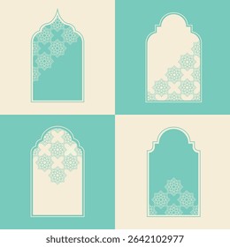 Elegant Islamic window arch vector, highlighting diverse arabesque geometric shapes and intricate patterns