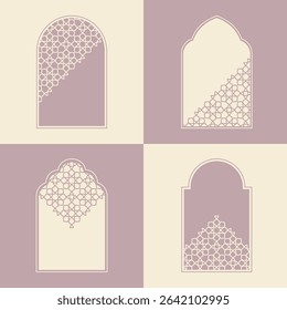 Elegant Islamic window arch vector, highlighting diverse arabesque geometric shapes and intricate patterns