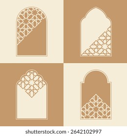 Elegant Islamic window arch vector, highlighting diverse arabesque geometric shapes and intricate patterns