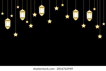 Elegant Islamic-style background featuring golden hanging lanterns and stars inspired by the traditional Ramadan Kareem celebration. Perfect for Eid greetings, invitations, banners, social media, and festive designs with generous copy space.