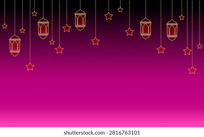 Elegant Islamic-style background with golden gradient hanging lanterns and stars inspired by the traditional Ramadan Kareem celebration. Ideal for Eid greetings, invitations, banners, social media, and festive designs with copy space.