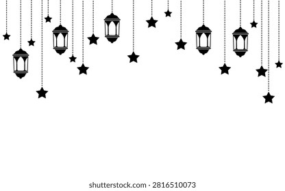 Elegant Islamic-style frame featuring hanging lanterns and stars inspired by the traditional Ramadan Kareem celebration. Ideal for Eid greetings, invitations, banners, social media, and festive designs with copy space.