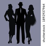 Elegant isolated silhouettes of ladies and gentlemen wearing classic film noir style clothes.