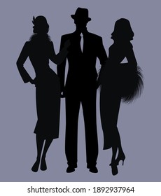 Elegant isolated silhouettes of ladies and gentlemen wearing classic film noir style clothes.