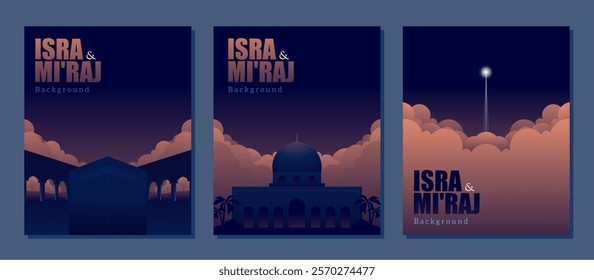 Elegant Isra and Mi'raj designs with mosque silhouettes, Kaaba, clouds, and radiant night skies. Perfect for spiritual events, digital content, and Islamic celebrations. Fully customizable templates.