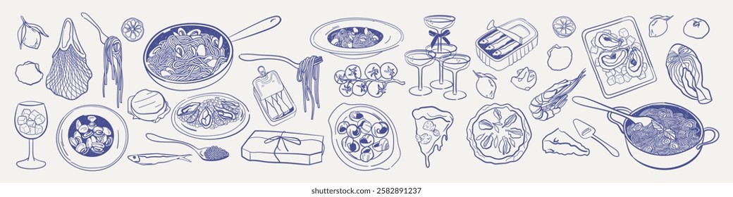 Elegant Italian dining set. Pizza, pasta, shrimp, mozzarella, and other classic dishes in a cozy, homemade style. Doodle drawing naive food collection in a dolce vita sketch aesthetic.	
