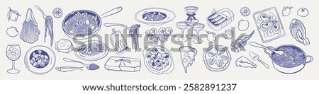 Elegant Italian dining set. Pizza, pasta, shrimp, mozzarella, and other classic dishes in a cozy, homemade style. Doodle drawing naive food collection in a dolce vita sketch aesthetic.	
