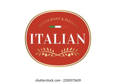 Elegant Italian Restaurant and Pizzeria Logo. Round Red Gold Badge