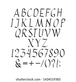 Elegant italic font vector illustration. Set of unique decorative black uppercase alphabet letters, numbers, symbols and signs on white background. Latin alphabet in design symbols