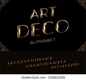 Elegant italic golden font and alphabet in Art deco style.