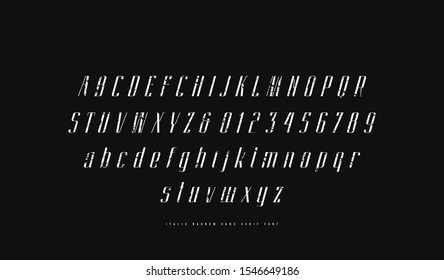 Elegant italic narrow sans serif font. Letters and numbers with rough texture for logo and label design. White print on black background