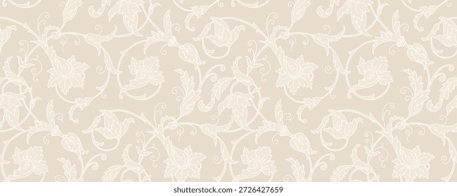 Elegant ivory beige floral vector pattern with chinoiserie motifs, vintage botanical blooms, and intricate traditional leaves for sophisticated textile designs.