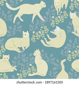 Elegant ivory cats on delicate blue color background. Seamless vector pattern for fabric, wallpaper, wrapping paper, scrapbook paper, post card, invitation. Square design.