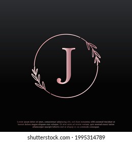 Elegant J Letter Circle Floral Logo with Creative Elegant Leaf Monogram Branch Line and Pink Black Color. Usable for Business, Fashion, Cosmetics, Spa, Science, Medical and Nature Logos.