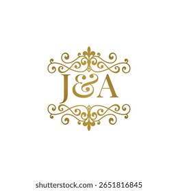Elegante logotipo monograma JA em ouro com design floreado ornamental. Perfeito para casamentos, marca boutique, etiquetas de produtos premium ou identidade de luxo. High-end, atemporal e refinado.