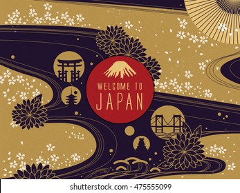 Elegant Japan travel poster, gorgeous floral background with welcome words