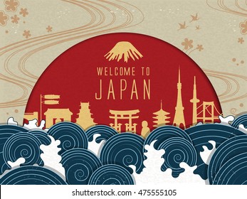 Elegant Japan travel poster with red sun and beautiful tides