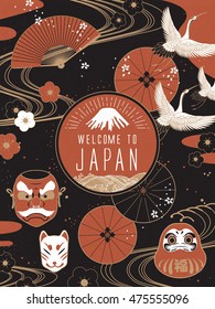 Elegant Japan travel poster, traditional background with cultural symbol elements