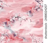 Elegant Japanese Cherry Blossoms Kimono Yukata Pink Red Blue Colorful Seamless Pattern Wallpaper Curtain Bedding Background Upholstery Gift Wrapping Paper Vector 