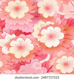 Elegant Japanese Cherry Blossoms Kimono Yukata Pink Red Blue Colorful Seamless Pattern Wallpaper Curtain Bedding Background Upholstery Gift Wrapping Paper Vector 