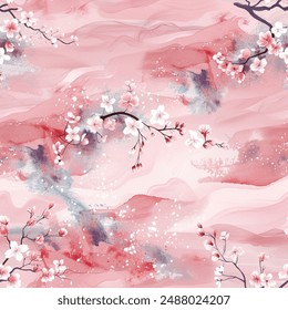 Elegant Japanese Cherry Blossoms Kimono Yukata Pink Red Blue Colorful Seamless Pattern Wallpaper Curtain Bedding Background Upholstery Gift Wrapping Paper Vector 