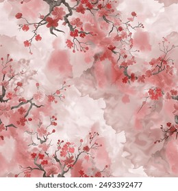 Elegant Japanese Cherry Blossoms Kimono Yukata Pink Red Blue Colorful Seamless Pattern Wallpaper Curtain Bedding Background Upholstery Gift Wrapping Paper Vector 