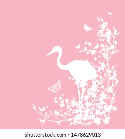 elegant japanese crane bird standing among blooming sakura tree branches - japanese spring season vector silhouette decor