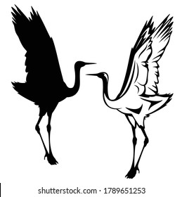 elegant japanese crane bird standing with wings up - black and white vector outline and silhouette set